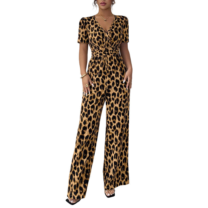 🎁Novidade com 50% de desconto💥Macacão de corte largo com decote em V e padrão leopardo