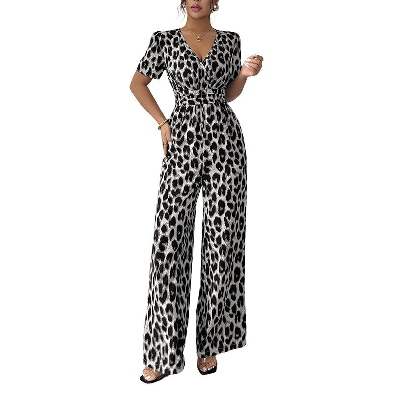 🎁Novidade com 50% de desconto💥Macacão de corte largo com decote em V e padrão leopardo
