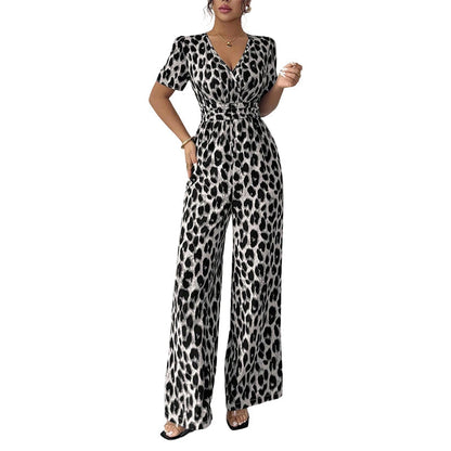 🎁Novidade com 50% de desconto💥Macacão de corte largo com decote em V e padrão leopardo