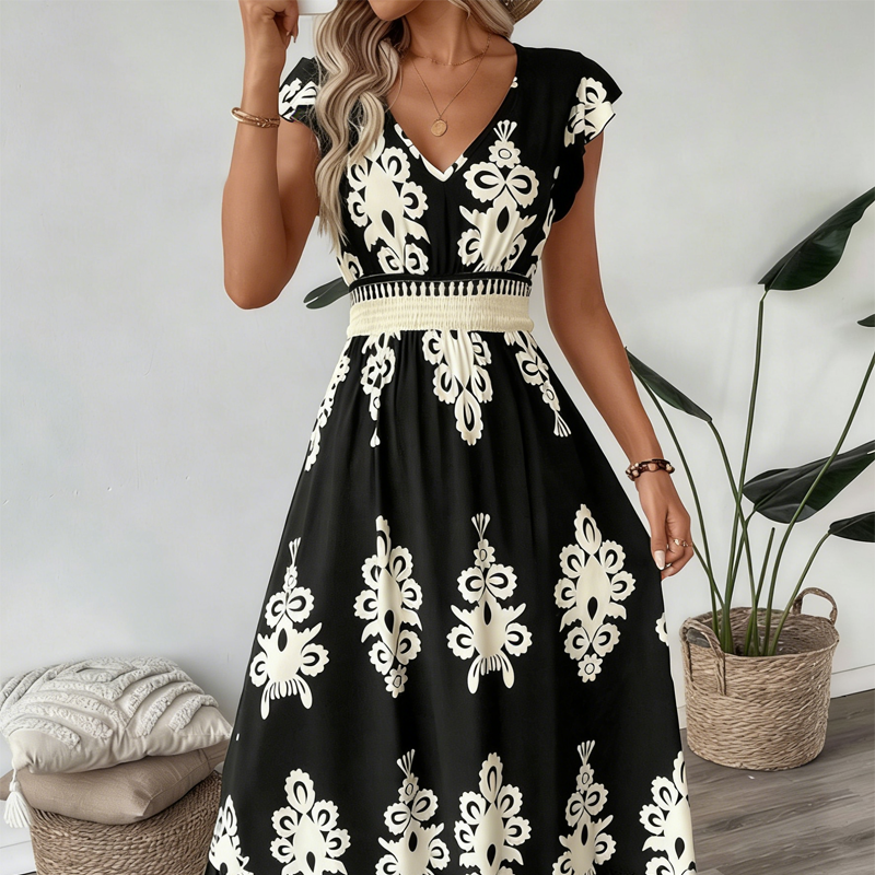 🎑50 % de desconto ✨Vestido longo esvoaçante com decote em V e estampado barroco para mulher