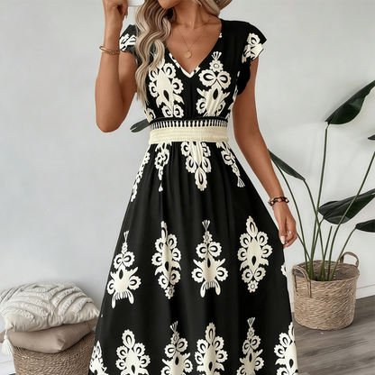🎑50 % de desconto ✨Vestido longo esvoaçante com decote em V e estampado barroco para mulher