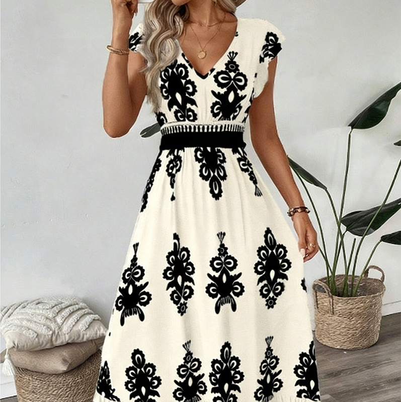 🎑50 % de desconto ✨Vestido longo esvoaçante com decote em V e estampado barroco para mulher