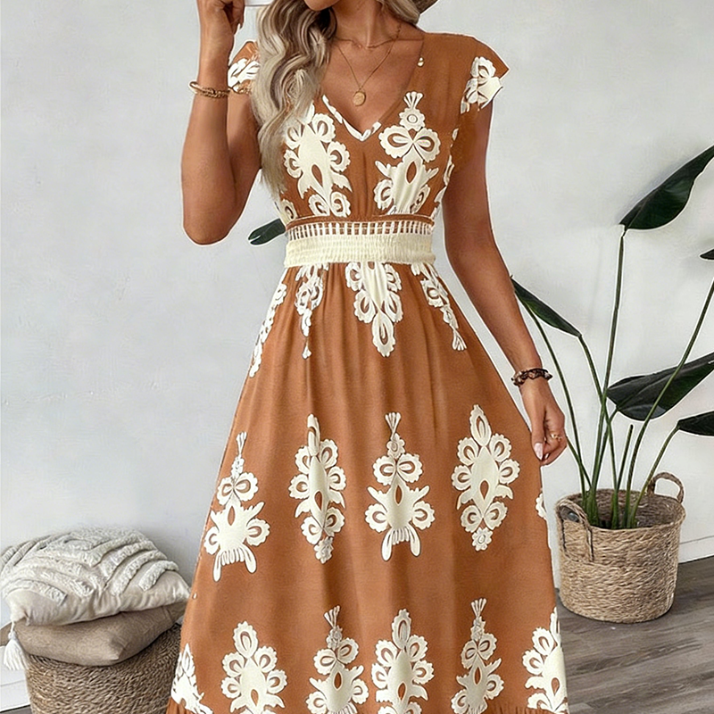🎑50 % de desconto ✨Vestido longo esvoaçante com decote em V e estampado barroco para mulher