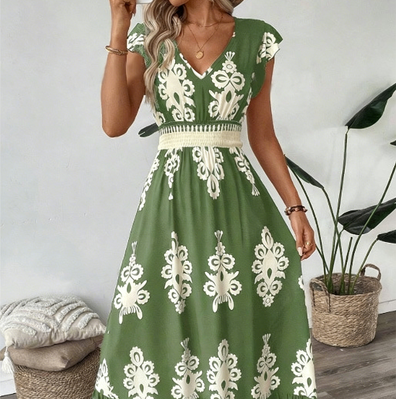 🎑50 % de desconto ✨Vestido longo esvoaçante com decote em V e estampado barroco para mulher