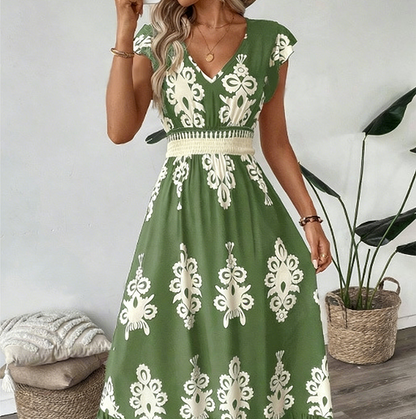 🎑50 % de desconto ✨Vestido longo esvoaçante com decote em V e estampado barroco para mulher