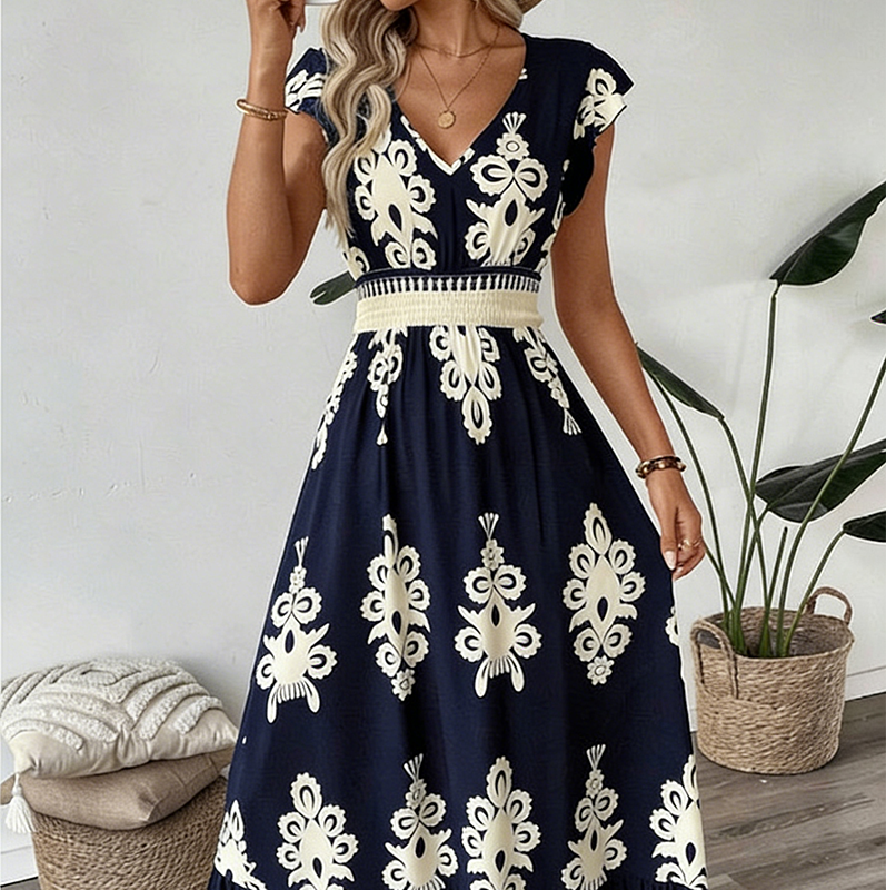 🎑50 % de desconto ✨Vestido longo esvoaçante com decote em V e estampado barroco para mulher
