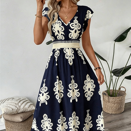 🎑50 % de desconto ✨Vestido longo esvoaçante com decote em V e estampado barroco para mulher