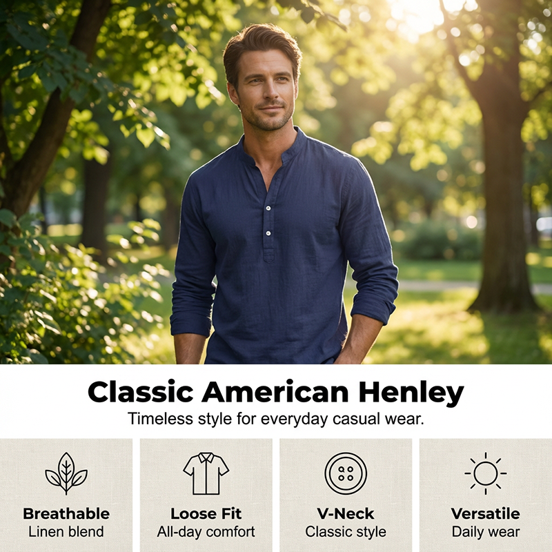 Camiseta Henley casual de outono para homem