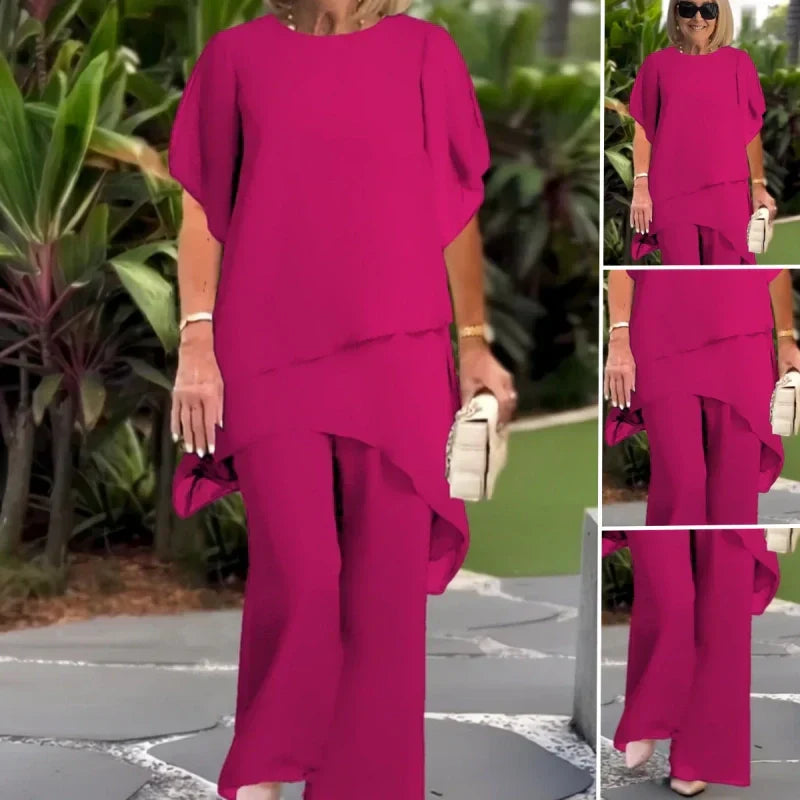 Conjunto encantador de blusa irregular e calça pantalona