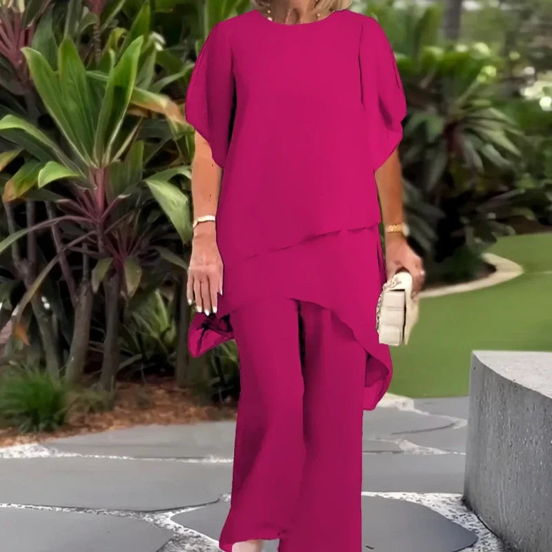 Conjunto encantador de blusa irregular e calça pantalona