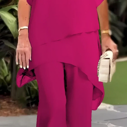Conjunto encantador de blusa irregular e calça pantalona