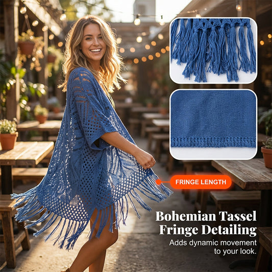 ⏳Promoção por tempo limitado⏰Capa de malha feminina com abertura frontal e franjas com borlas – Estilo boémio e leve – Indispensável para a praia 🌴