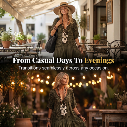 👗 LIMITED-TIME 50% OFF! ✨ Bohemian Leopard Maxi Dress – V-Neck, Tiered, Flowy Resort Style 🌴