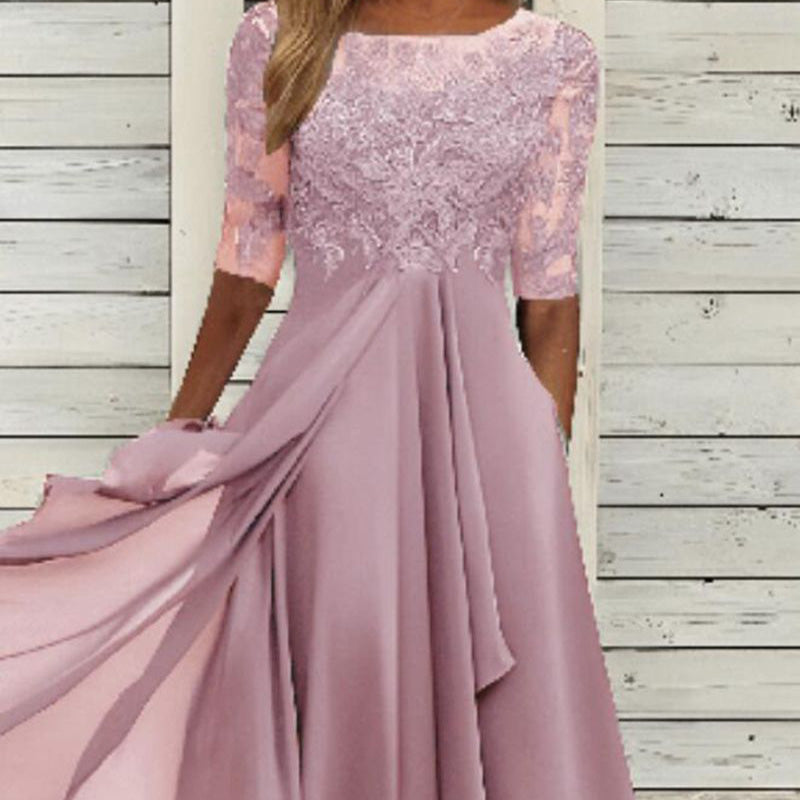 Vestido midi com bordados florais – Esvoaçante e elegante, com decote redondo🌸