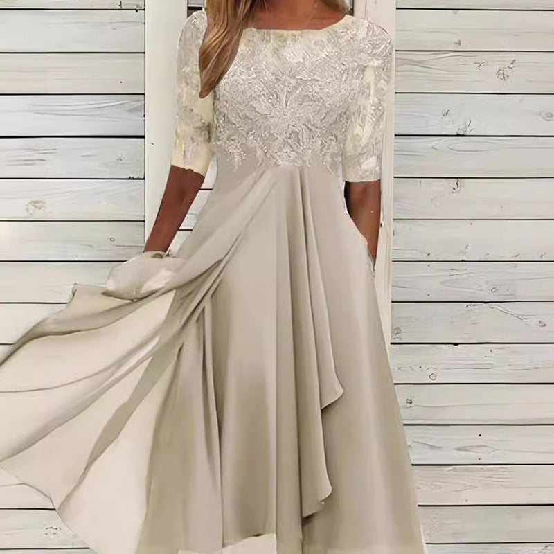 Vestido midi com bordados florais – Esvoaçante e elegante, com decote redondo🌸