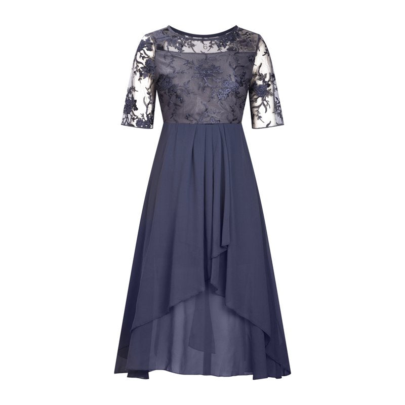 Vestido midi com bordados florais – Esvoaçante e elegante, com decote redondo🌸