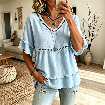 🌿👚 Blusa feminina boho com franjas vazadas – estilo leve e elegante