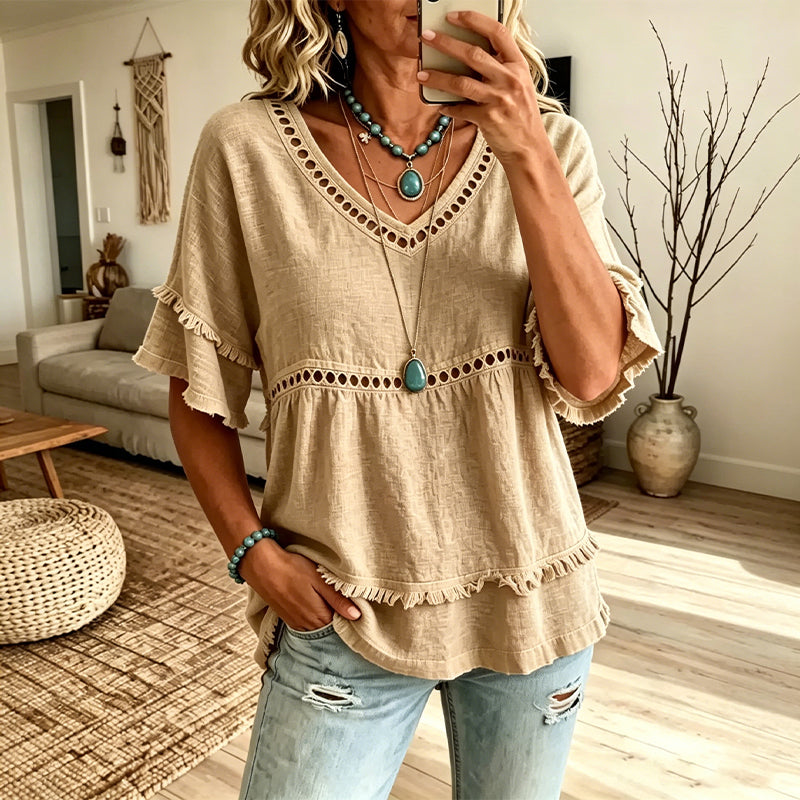 🌿👚 Blusa feminina boho com franjas vazadas – estilo leve e elegante