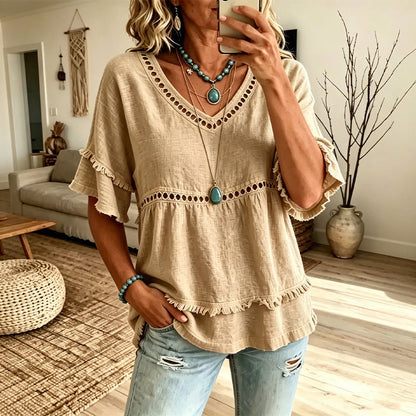 🌿👚 Blusa feminina boho com franjas vazadas – estilo leve e elegante