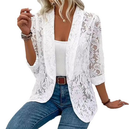 🌿💐 Blazer feminino de renda floral elegante – sofisticação leve do escritório ao jantar