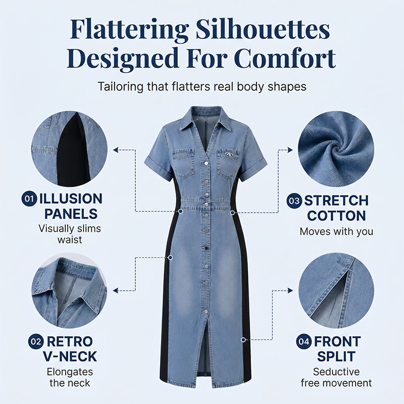 🔥Novidades e Mais Vendidos – Vestido de jeans que emagrece, modelo midi com cores contrastantes