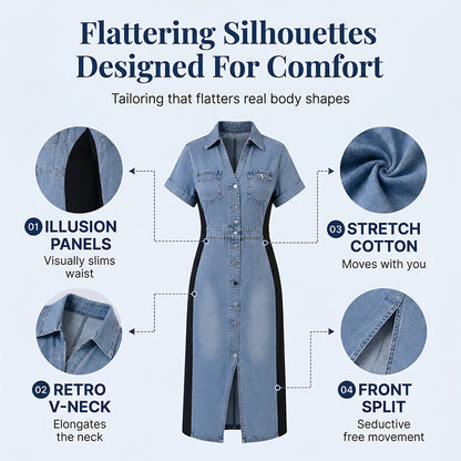 🔥Novidades e Mais Vendidos – Vestido de jeans que emagrece, modelo midi com cores contrastantes