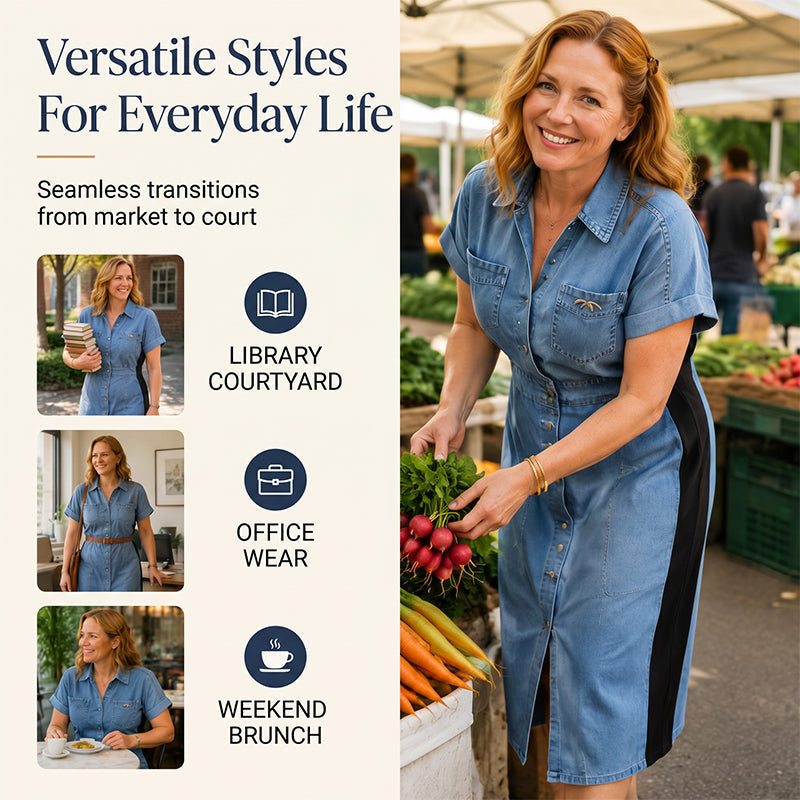 🔥Novidades e Mais Vendidos – Vestido de jeans que emagrece, modelo midi com cores contrastantes