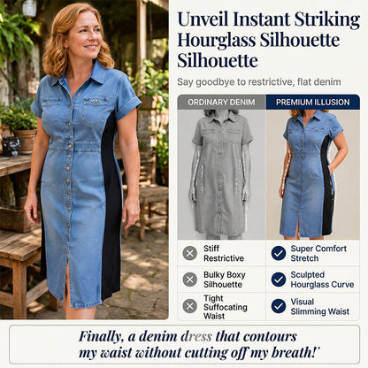 🔥Novidades e Mais Vendidos – Vestido de jeans que emagrece, modelo midi com cores contrastantes