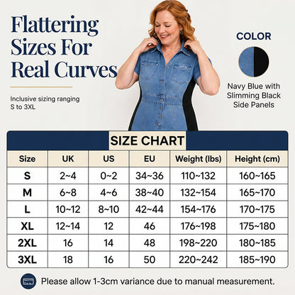 🔥Novidades e Mais Vendidos – Vestido de jeans que emagrece, modelo midi com cores contrastantes