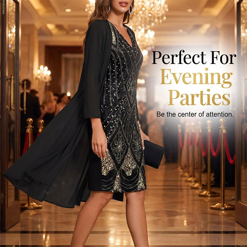 💃✨ Conjunto Elegante de Vestido de Chiffon 2 Peças – Vestido + Cardigã Fluido para Eventos e Ocasiões Especiais