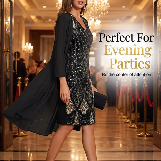 💃✨ Conjunto Elegante de Vestido de Chiffon 2 Peças – Vestido + Cardigã Fluido para Eventos e Ocasiões Especiais