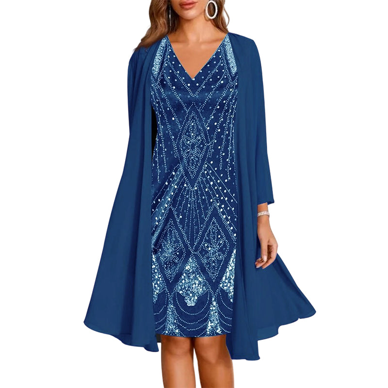 💃✨ Conjunto Elegante de Vestido de Chiffon 2 Peças – Vestido + Cardigã Fluido para Eventos e Ocasiões Especiais