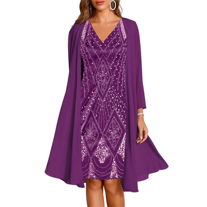 💃✨ Conjunto Elegante de Vestido de Chiffon 2 Peças – Vestido + Cardigã Fluido para Eventos e Ocasiões Especiais