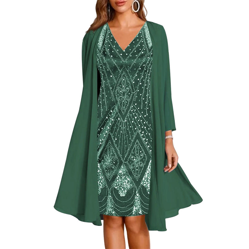 💃✨ Conjunto Elegante de Vestido de Chiffon 2 Peças – Vestido + Cardigã Fluido para Eventos e Ocasiões Especiais