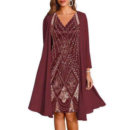💃✨ Conjunto Elegante de Vestido de Chiffon 2 Peças – Vestido + Cardigã Fluido para Eventos e Ocasiões Especiais