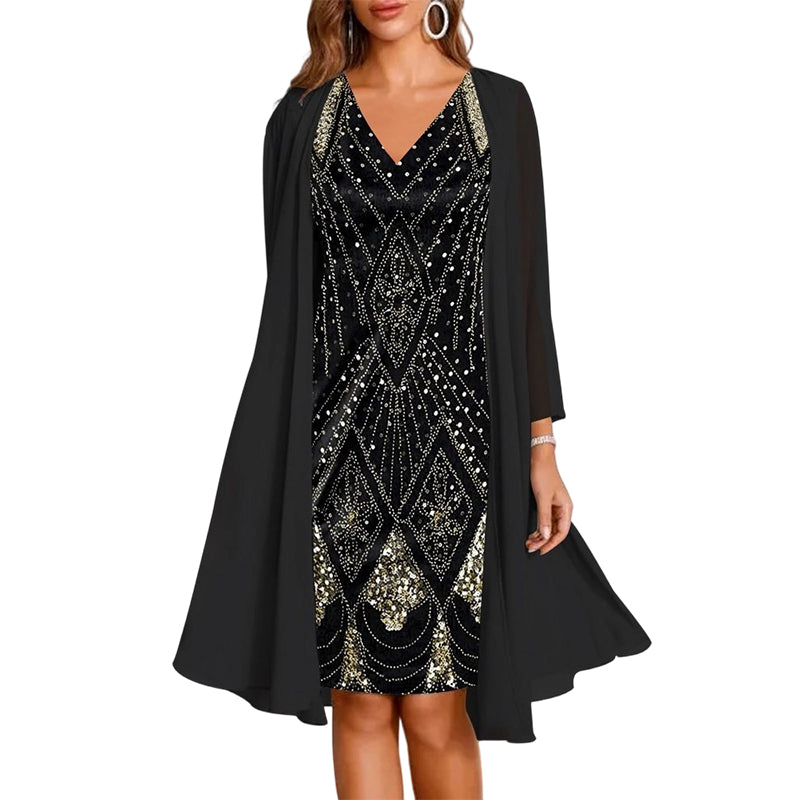 💃✨ Conjunto Elegante de Vestido de Chiffon 2 Peças – Vestido + Cardigã Fluido para Eventos e Ocasiões Especiais