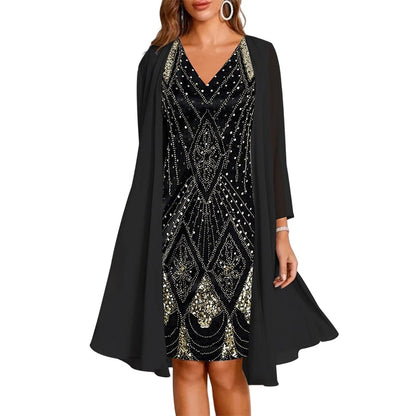 💃✨ Conjunto Elegante de Vestido de Chiffon 2 Peças – Vestido + Cardigã Fluido para Eventos e Ocasiões Especiais