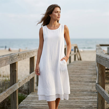 👗 Vestido Feminino de Verão Sem Mangas com Camadas – Leve, Elegante e Confortável Para Todos os Momentos