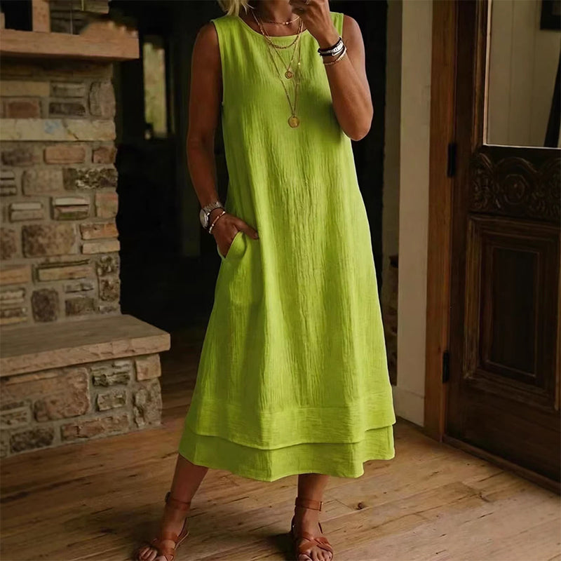 👗 Vestido Feminino de Verão Sem Mangas com Camadas – Leve, Elegante e Confortável Para Todos os Momentos