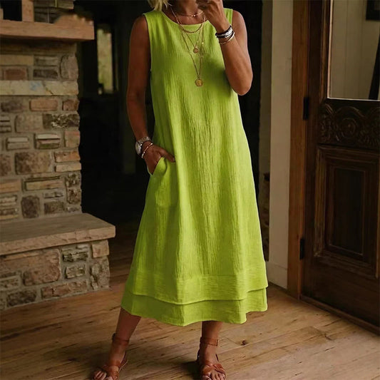 👗 Vestido Feminino de Verão Sem Mangas com Camadas – Leve, Elegante e Confortável Para Todos os Momentos