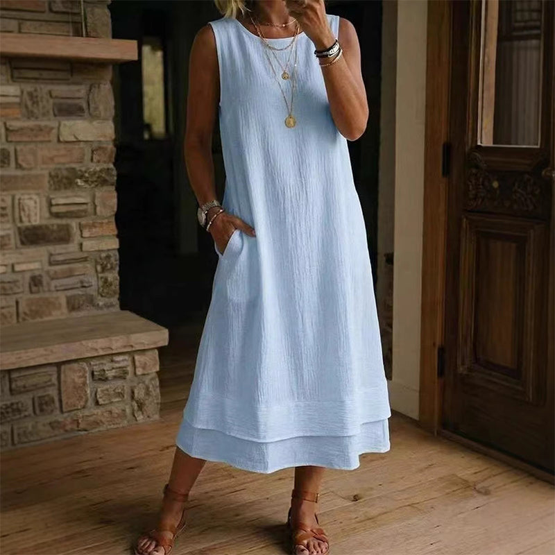 👗 Vestido Feminino de Verão Sem Mangas com Camadas – Leve, Elegante e Confortável Para Todos os Momentos
