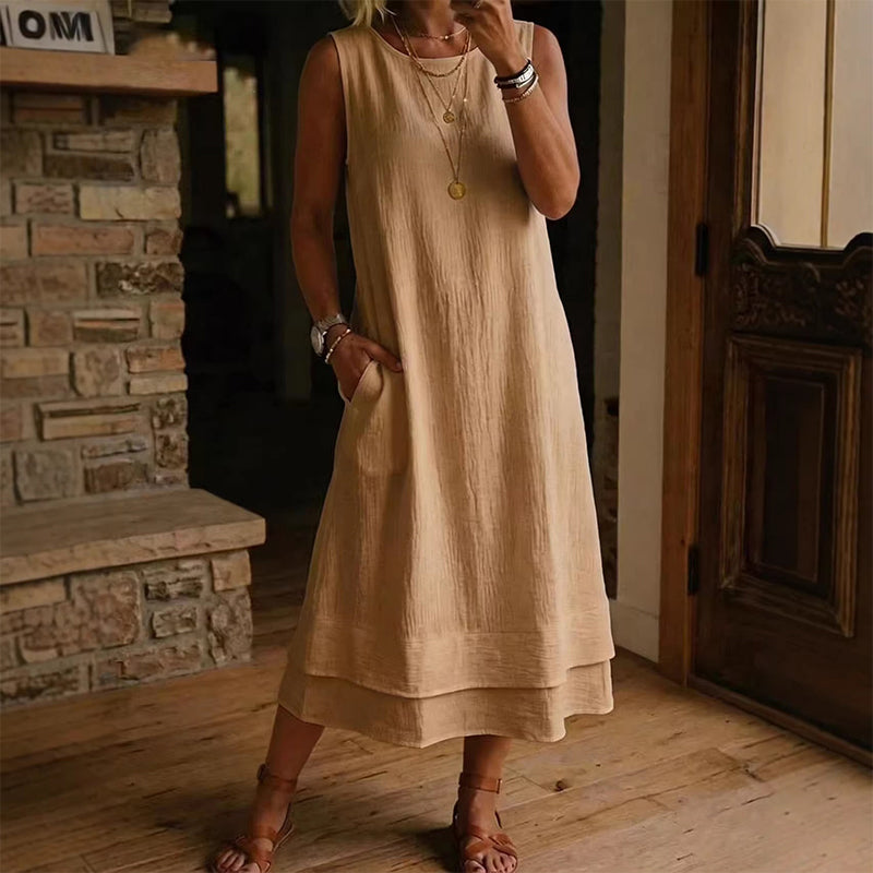 👗 Vestido Feminino de Verão Sem Mangas com Camadas – Leve, Elegante e Confortável Para Todos os Momentos