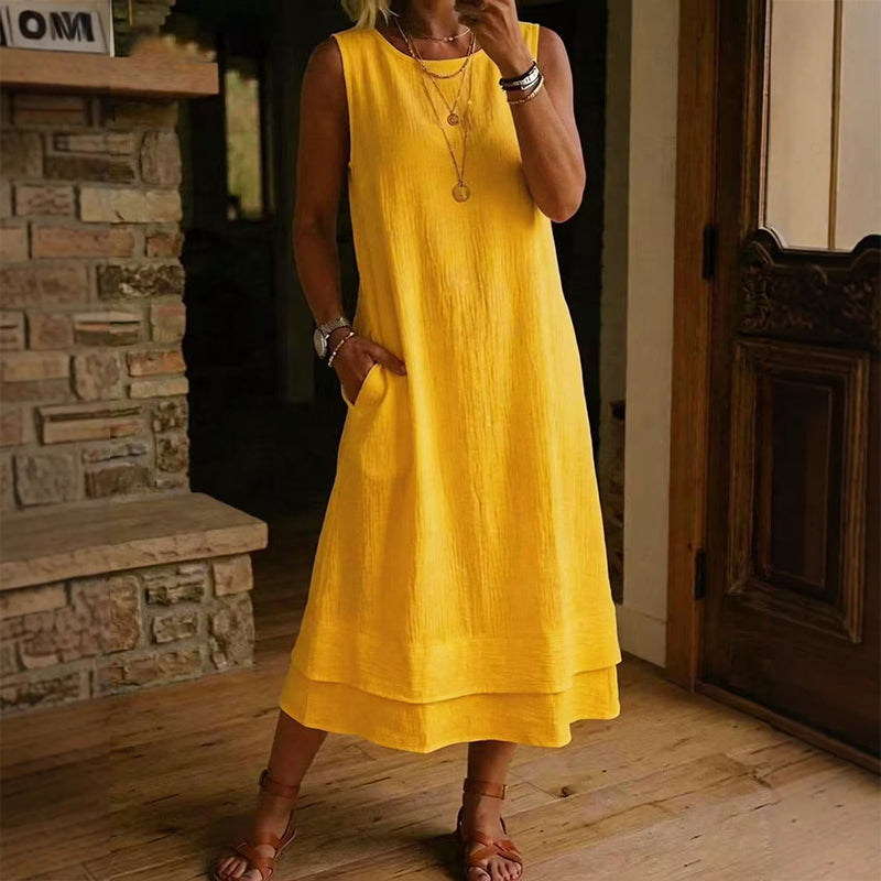 👗 Vestido Feminino de Verão Sem Mangas com Camadas – Leve, Elegante e Confortável Para Todos os Momentos