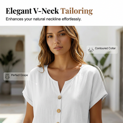 T-shirt casual feminina com decote em V e botões