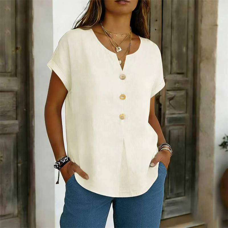 T-shirt casual feminina com decote em V e botões