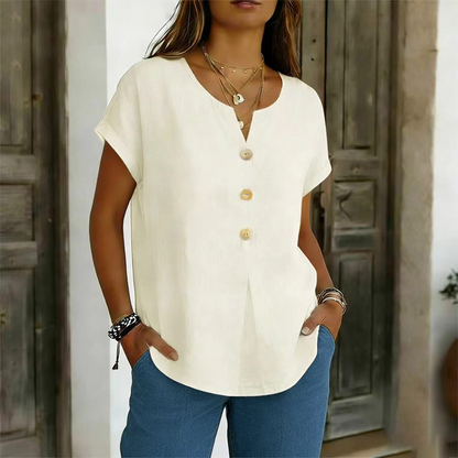 T-shirt casual feminina com decote em V e botões