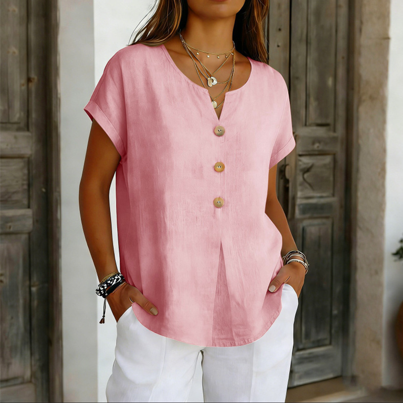 T-shirt casual feminina com decote em V e botões