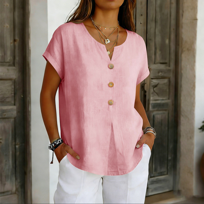 T-shirt casual feminina com decote em V e botões