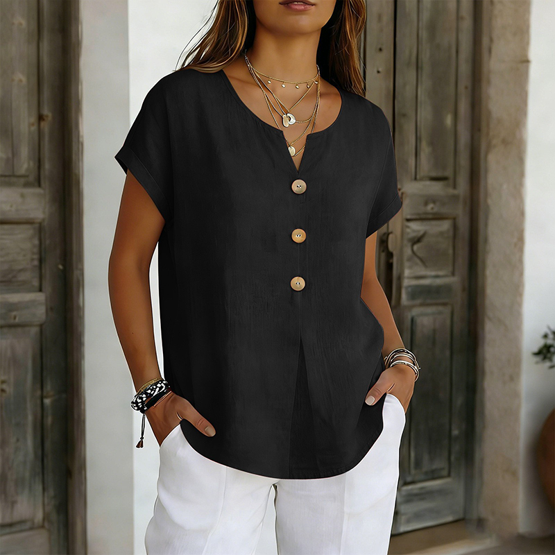 T-shirt casual feminina com decote em V e botões