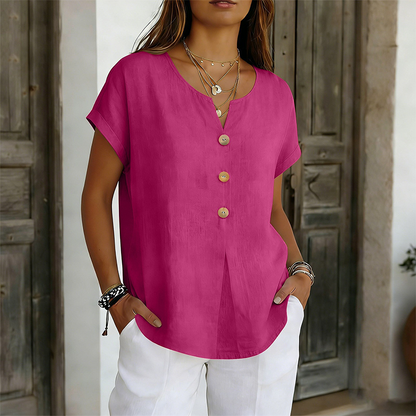 T-shirt casual feminina com decote em V e botões